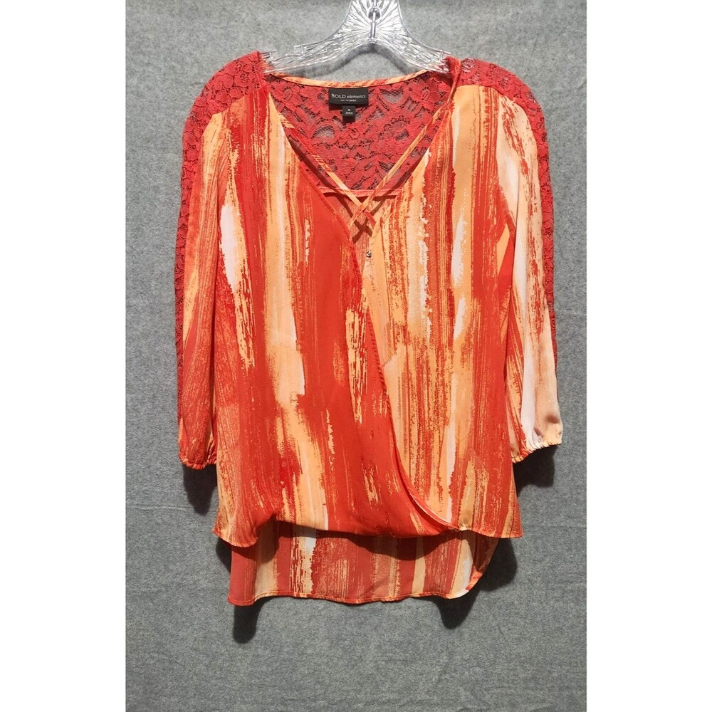 Bold Elements Faux Wrap Slit 3/4-Sleeve Sheer Hi-Lo Blouse Orange Women's  SZ M
